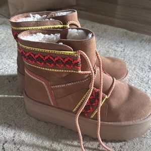 Ugg tan boots with Brown, yellow and Red accent/ Women's Boots